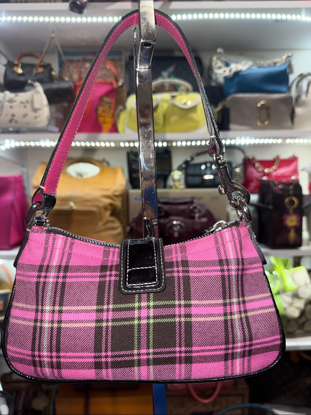 Coach Vintage Hampton Pink Plaid Shoulder Bag with Black Trim prestige - Picture 2 of 10